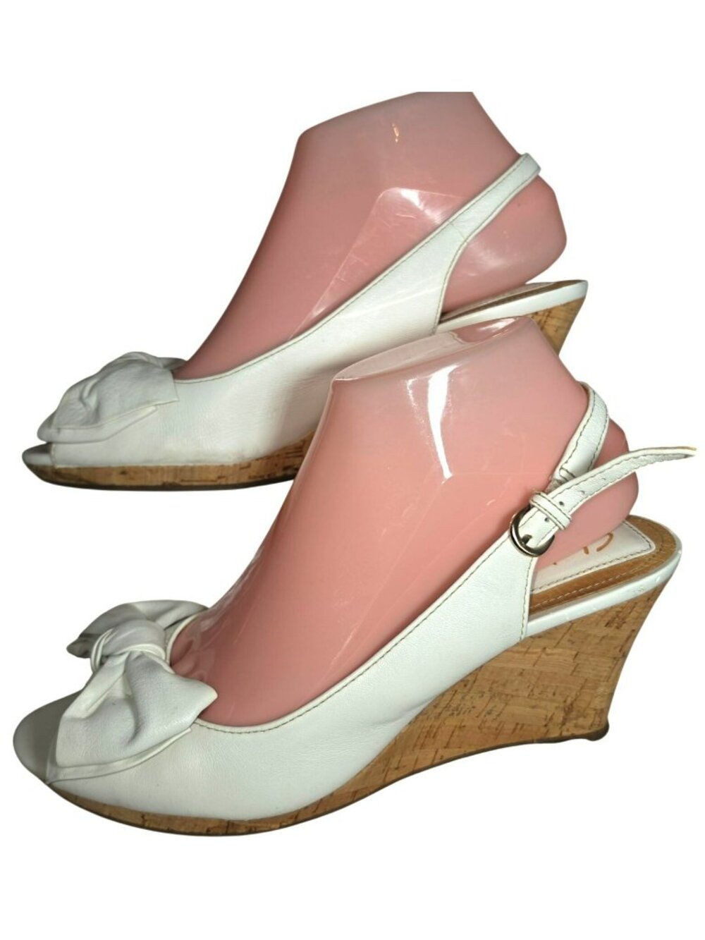 Women's Clarks Bendables White Leather Peep Toe Cork Wedge Sandals Shoes 8.5